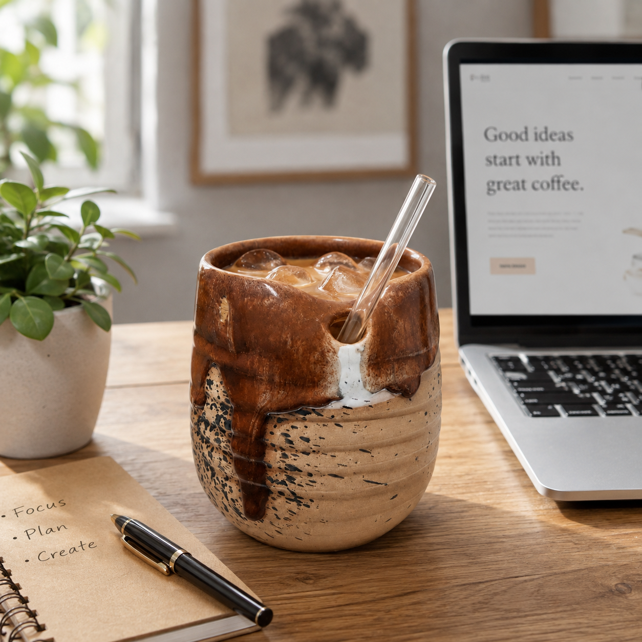 A ceramic coffee cup with a glossy brown dripping glaze and a clear glass straw sits on a wooden desk next to a laptop, notebook, and plant.