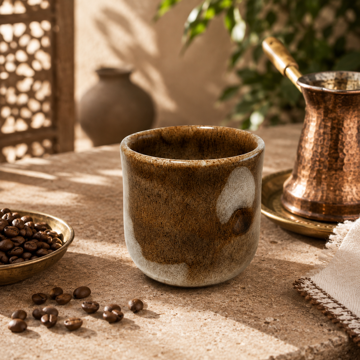 A rustic ceramic coffee cup with a brown and beige glaze sits on a stone table, surrounded by coffee beans, a copper cezve, and a woven textile in a warm, sunlit setting.