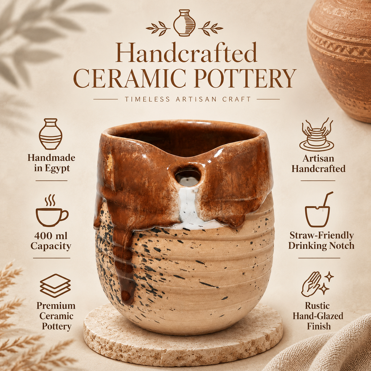 A handcrafted ceramic pot with a brown and beige dripping glaze, shown on a stone coaster with marketing text and icons around it. The pot has a small straw-friendly drinking notch on the side.