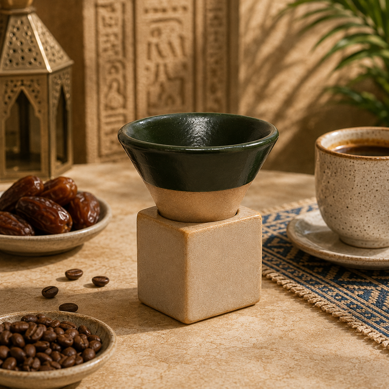 A ceramic coffee cup with a dark green glazed top and a natural beige clay base, shown resting on a matching beige cube stand on a table. The scene is styled with coffee beans, a cup of coffee, dates, and an ornate lantern in a warm, rustic setting.