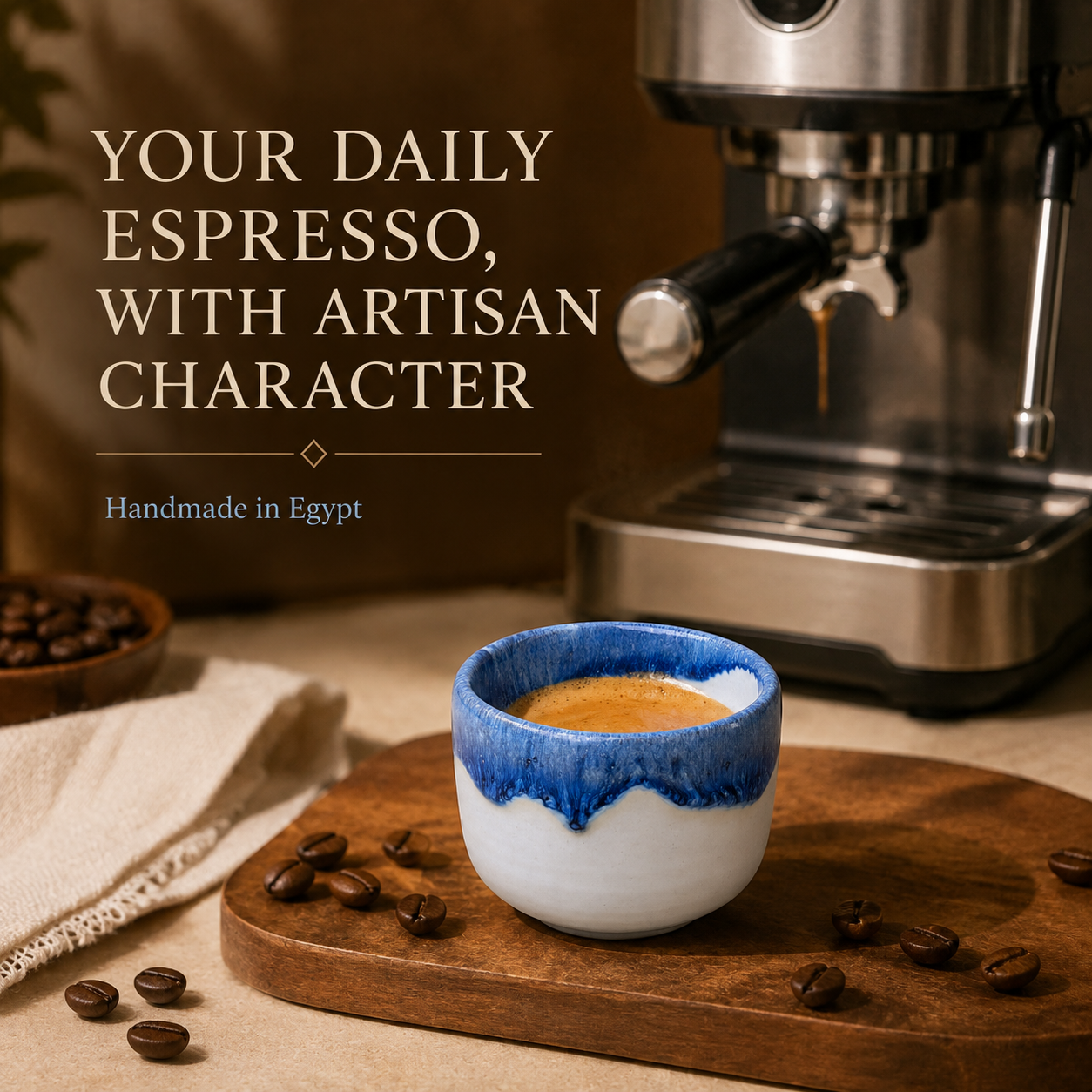 A ceramic espresso cup with a blue and white glaze sits on a wooden board with scattered coffee beans, with a stainless steel espresso machine in the background and promotional text on the left.