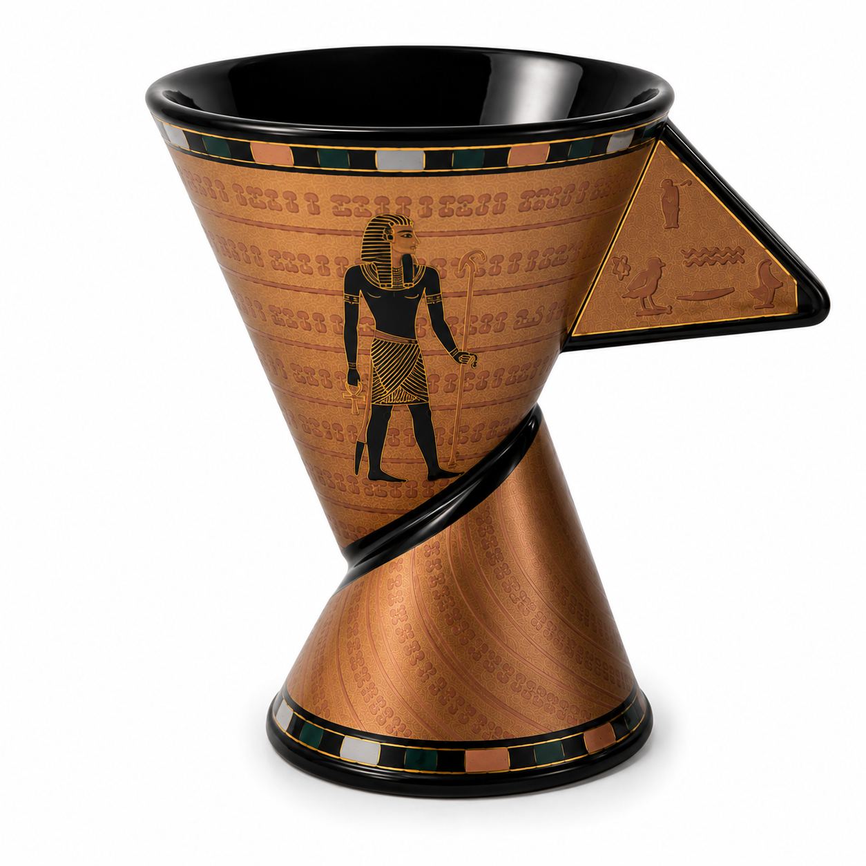 An Egyptian-themed conical cup or vase with a spiral design, featuring a bronze finish, black accents, hieroglyphic patterns, and a black silhouette of an ancient figure on the side, set against a plain white background.