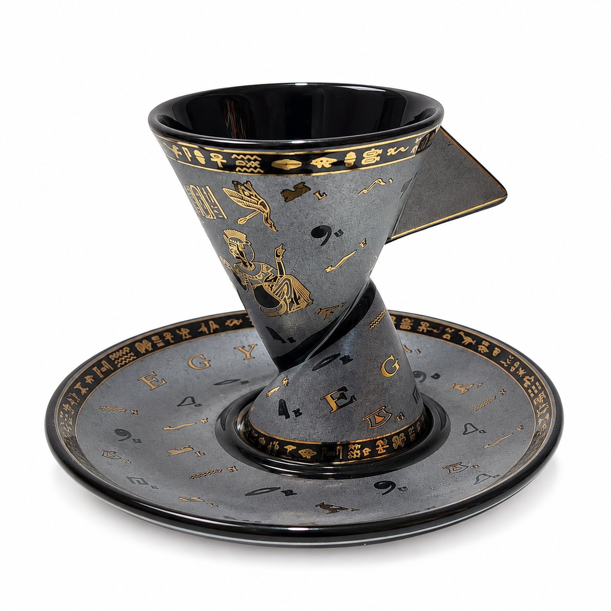 A black and gold ceramic pour-over coffee set with a conical filter holder and matching saucer, decorated with gold celestial and Egyptian-inspired motifs on a white background.