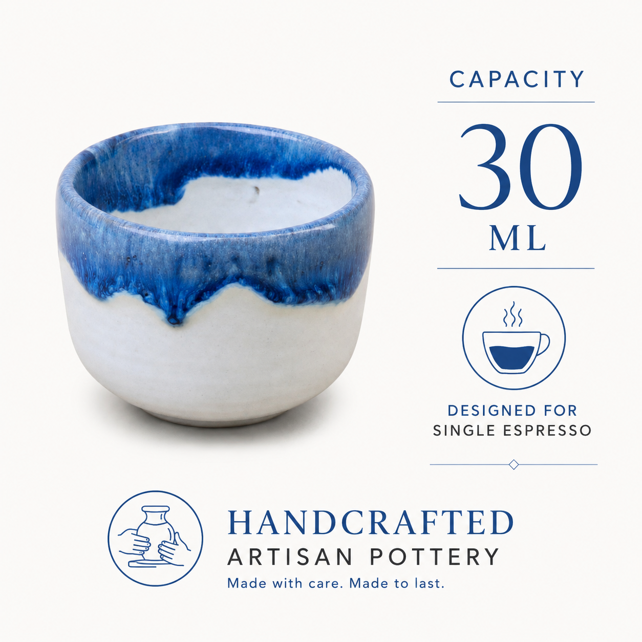 A 30 ml handcrafted ceramic espresso cup with a blue and white glaze, shown on a light cream background with product specifications and branding.