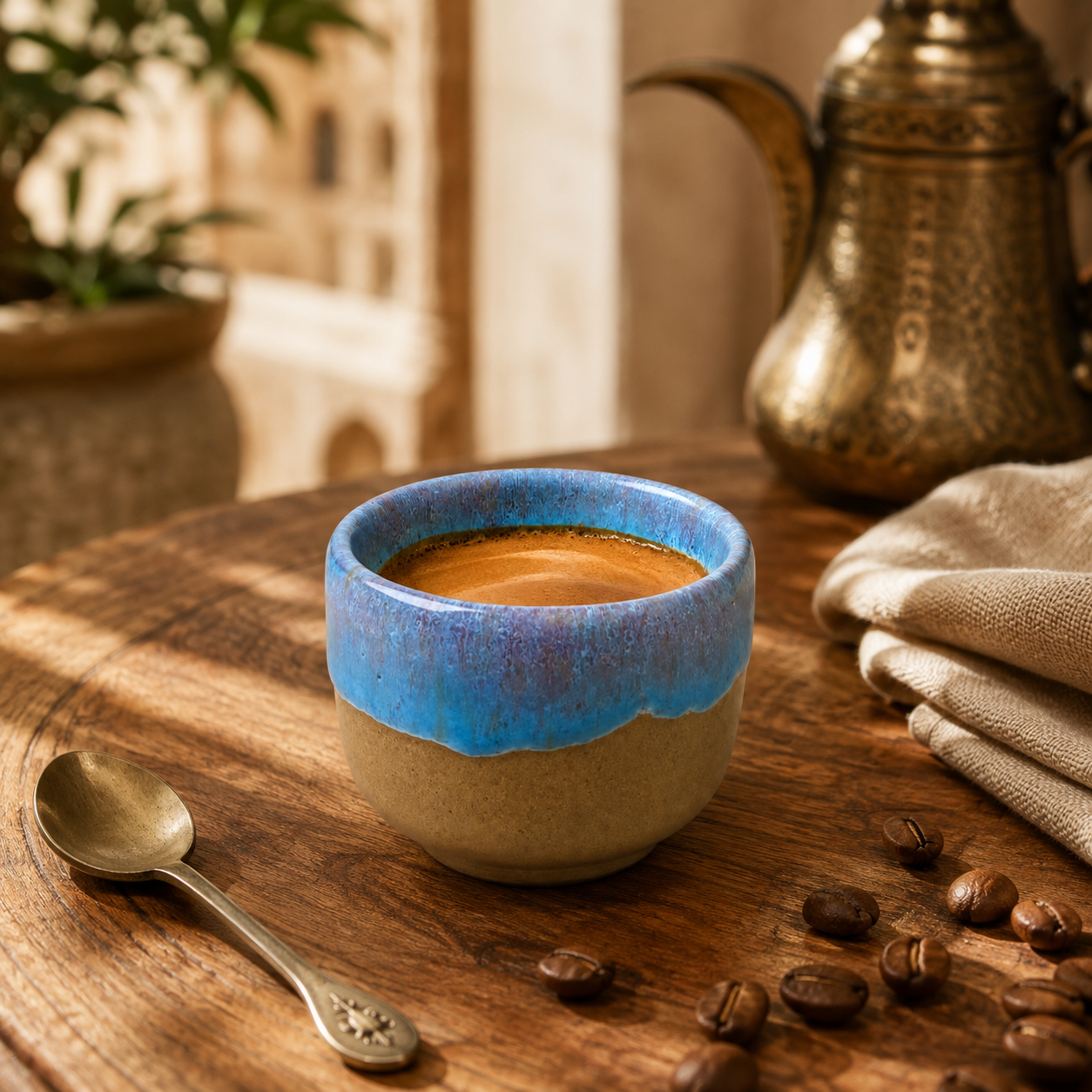 A ceramic coffee cup with a blue glazed top and beige base, filled with espresso, set on a wooden table with coffee beans, a spoon, and a traditional metal coffee pot in the background.