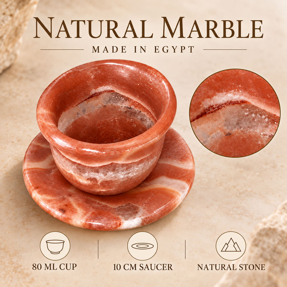 Natural Egyptian Marble Coffee Cup & Saucer – 80 ml – Coral Red & White