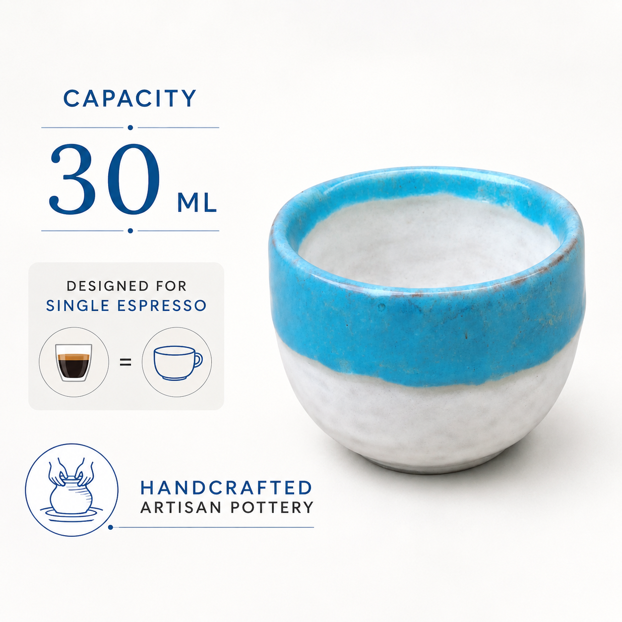 A small handmade ceramic cup with a blue glazed rim and a textured off-white body, shown on a white background with text overlays indicating 30 ml capacity and handmade artisan pottery branding.