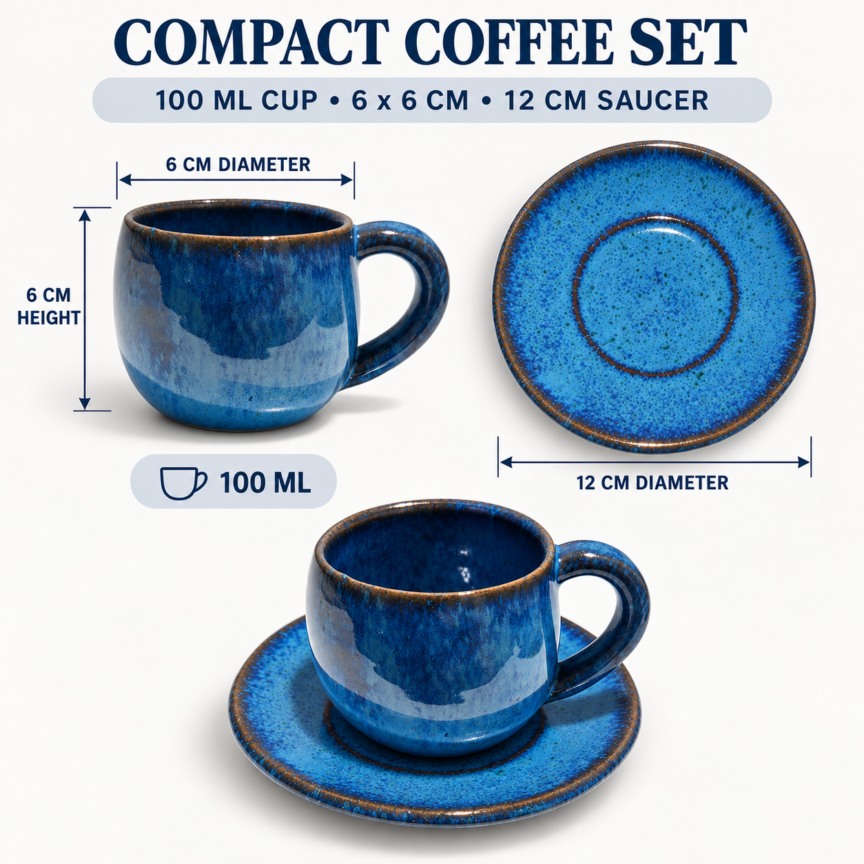 Blue ceramic compact coffee set with a 100 ml cup, 6 cm height, 6 cm diameter, and 12 cm saucer, shown with dimension labels on a white background.