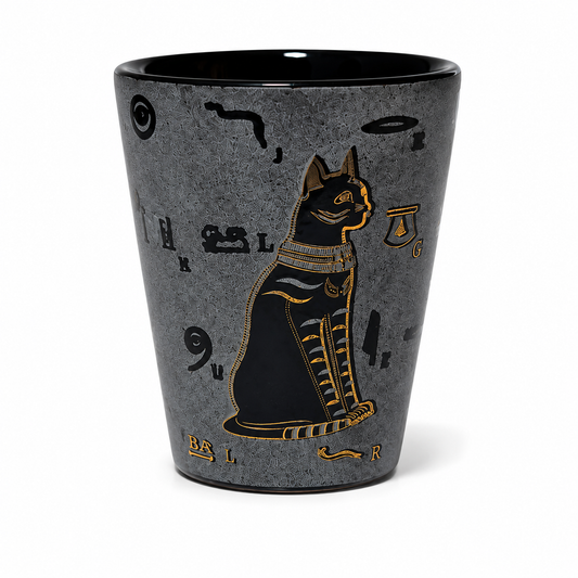 A dark gray textured ceramic cup featuring a black cat with gold Egyptian-style detailing, surrounded by black hieroglyphic symbols, on a white background.