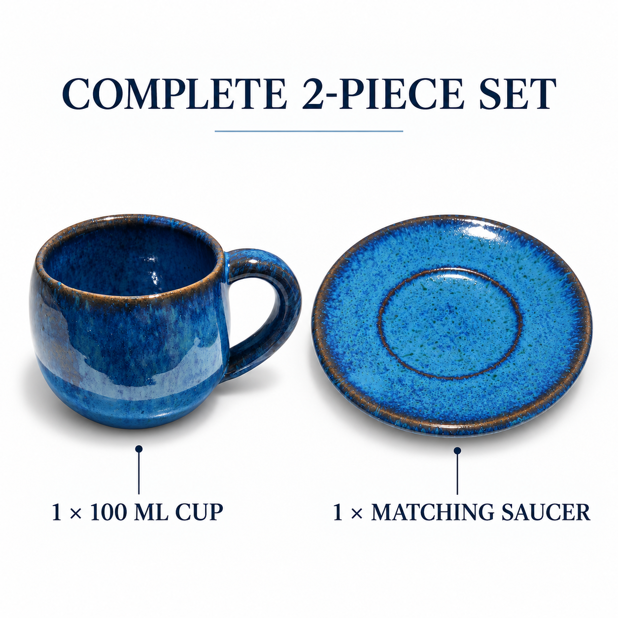 A ceramic 2-piece coffee set featuring a 100 ml cup and a matching saucer, both glazed in a vibrant blue speckled finish with a brown rim. The image includes text labels identifying the components and the 'COMPLETE 2-PIECE SET' header.