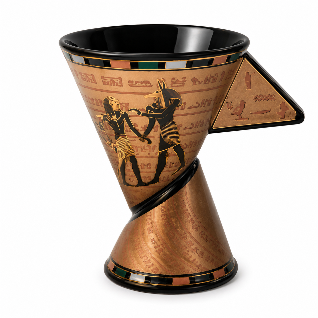 Egyptian-themed ceramic cup with a spiral design, featuring a gold and black hieroglyphic pattern with figures of Anubis and a pharaoh, on a white background.