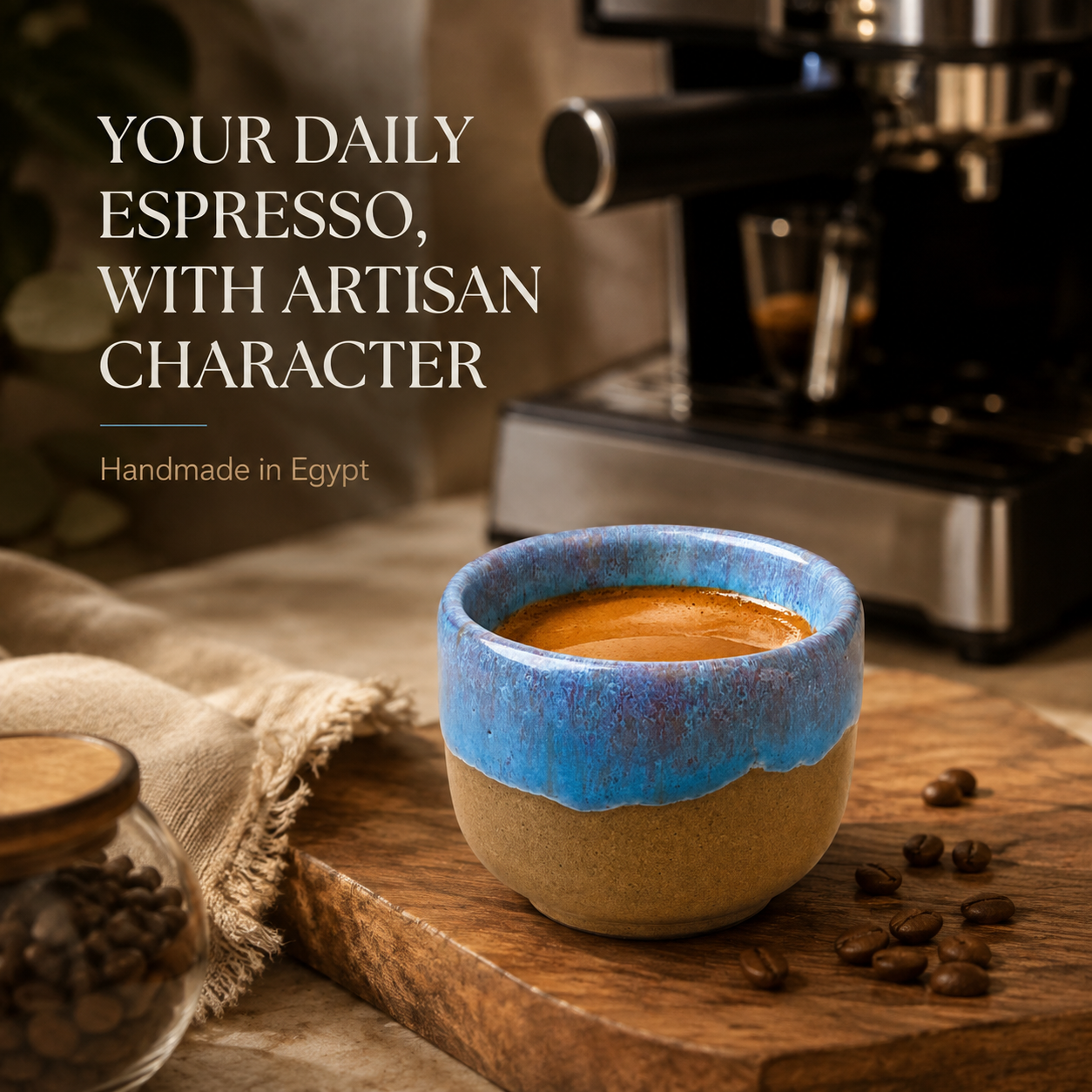 A ceramic espresso cup with a blue glazed top and beige base, filled with espresso and placed on a wooden board with scattered coffee beans. A blurred espresso machine appears in the background, along with text reading 'YOUR DAILY ESPRESSO, WITH ARTISAN CHARACTER' and 'Handmade in Egypt'.