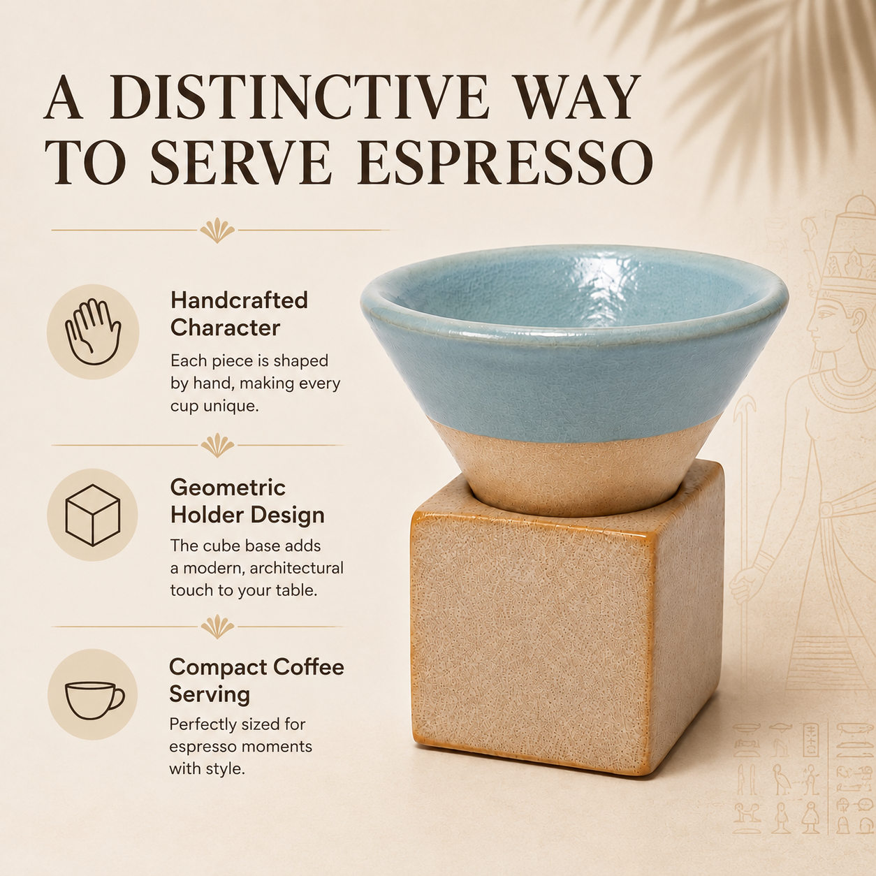 A ceramic espresso cup & holder set featuring a light blue glazed conical cup resting on a textured beige cube base, presented on a beige background with product feature callouts.