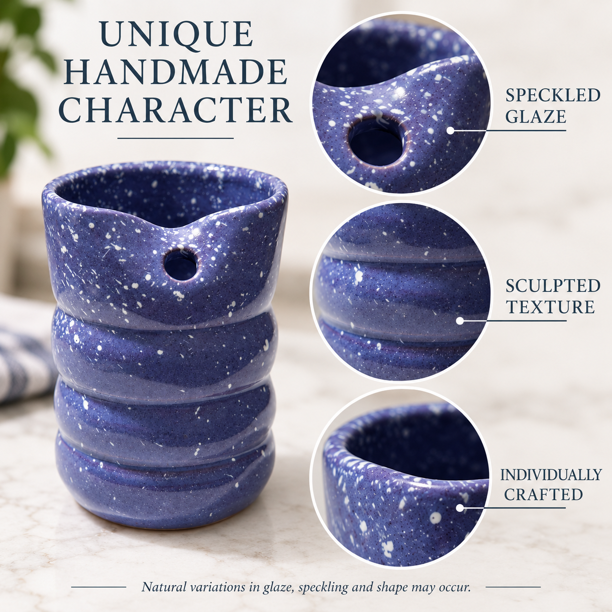 A handmade ceramic pitcher in deep blue with white speckles, shown on a light marble surface with three circular detail callouts highlighting the speckled glaze, sculpted texture, and individually crafted rim. Text on the image reads 'UNIQUE HANDMADE CHARACTER' and includes feature labels.