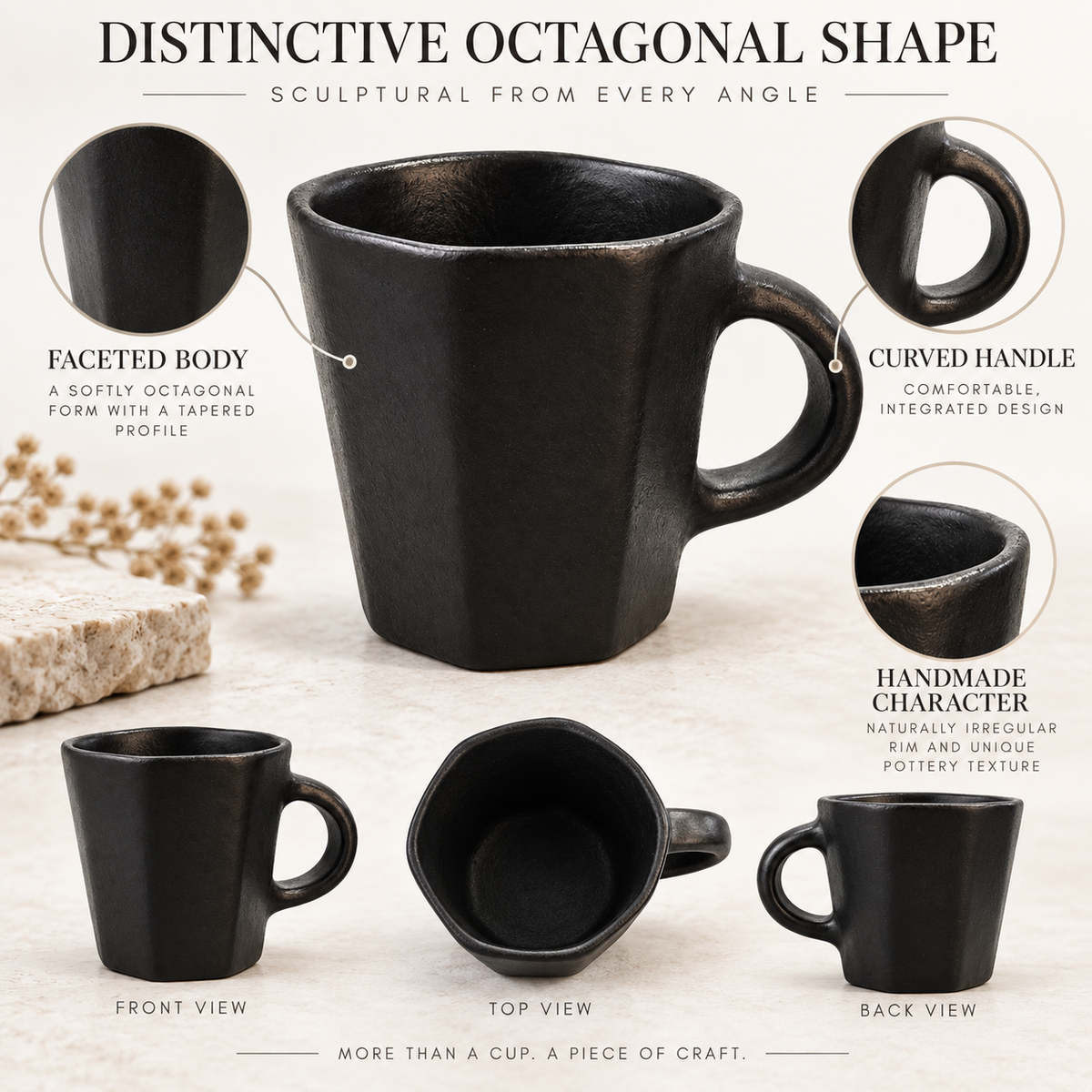 A black octagonal ceramic mug shown with labeled front, top, and back views, plus circular callouts highlighting its faceted body, curved handle, and handmade texture. The image includes marketing text about the distinctive octagonal shape and sculptural form from every angle.
