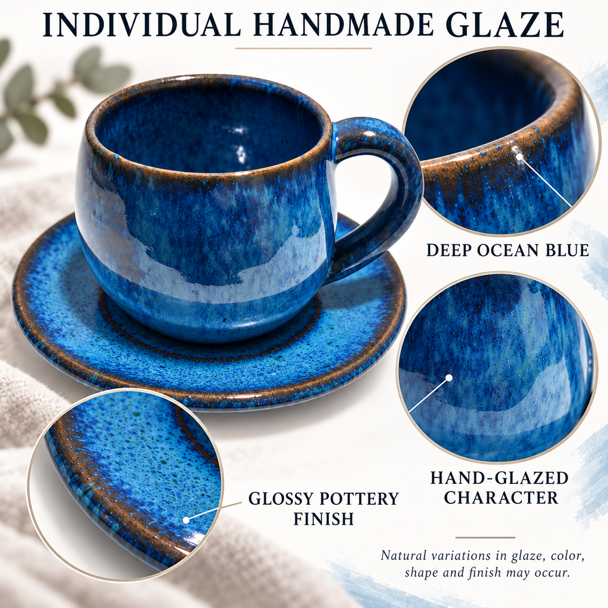 A blue glazed ceramic cup and saucer set on a light fabric background, with text reading 'INDIVIDUAL HANDMADE GLAZE' and three circular close-ups highlighting the glaze finish, deep ocean blue color, and hand-glazed character.
