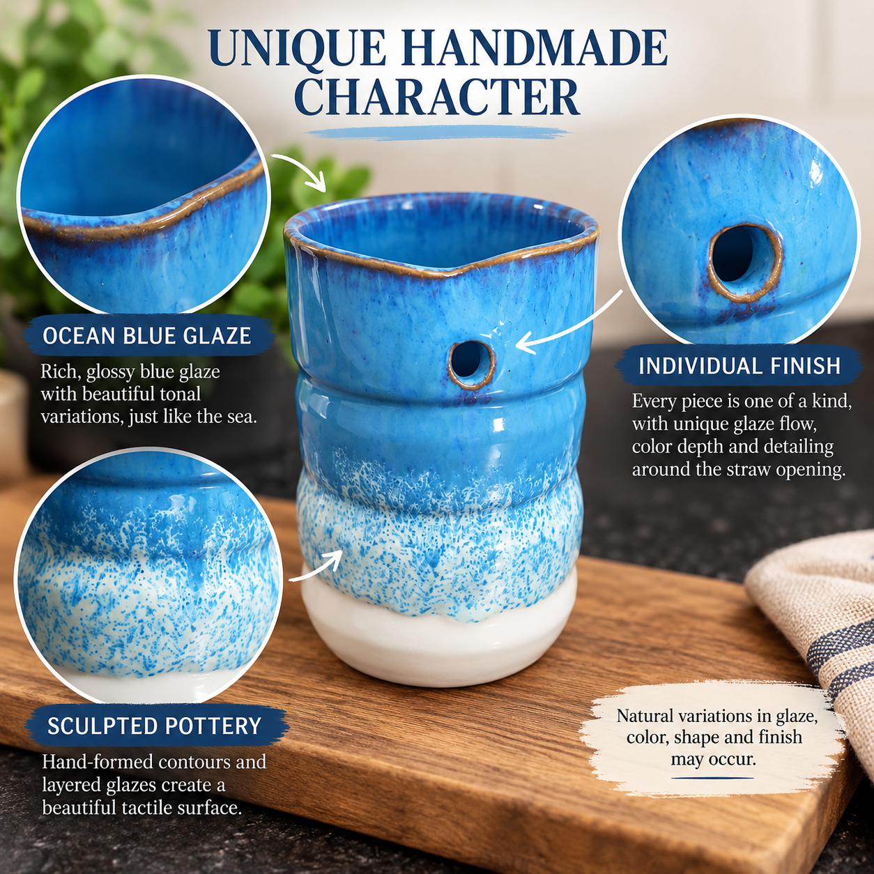 A handmade ceramic pitcher with a glossy ocean blue glaze and a white base, shown on a wooden cutting board with callout circles and text explaining its unique handmade character, ocean blue glaze, and individual finish.