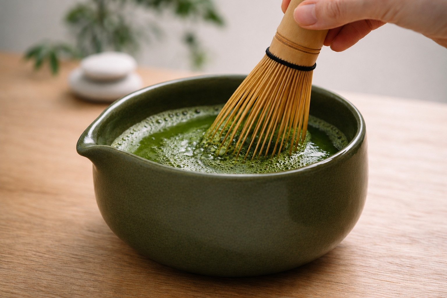 A hand holds a bamboo whisk above a dark green ceramic bowl filled with frothy green matcha tea on a wooden table.