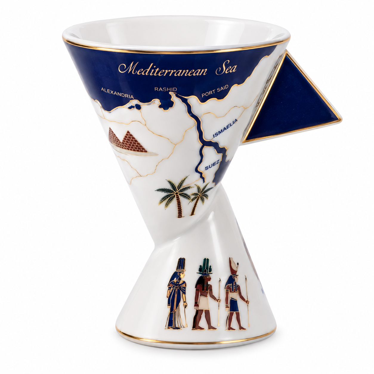 A white ceramic coffee mug shaped like a twisted hourglass, decorated with a blue and gold map of the Mediterranean Sea, palm trees, and ancient Egyptian figures, on a white background.