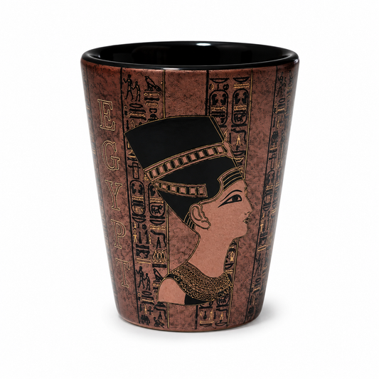 A tapered shot glass featuring an Egyptian design with a profile portrait of Queen Nefertiti, hieroglyphics, and the word 'EGYPT' in gold on a textured reddish-brown background, with a black interior.