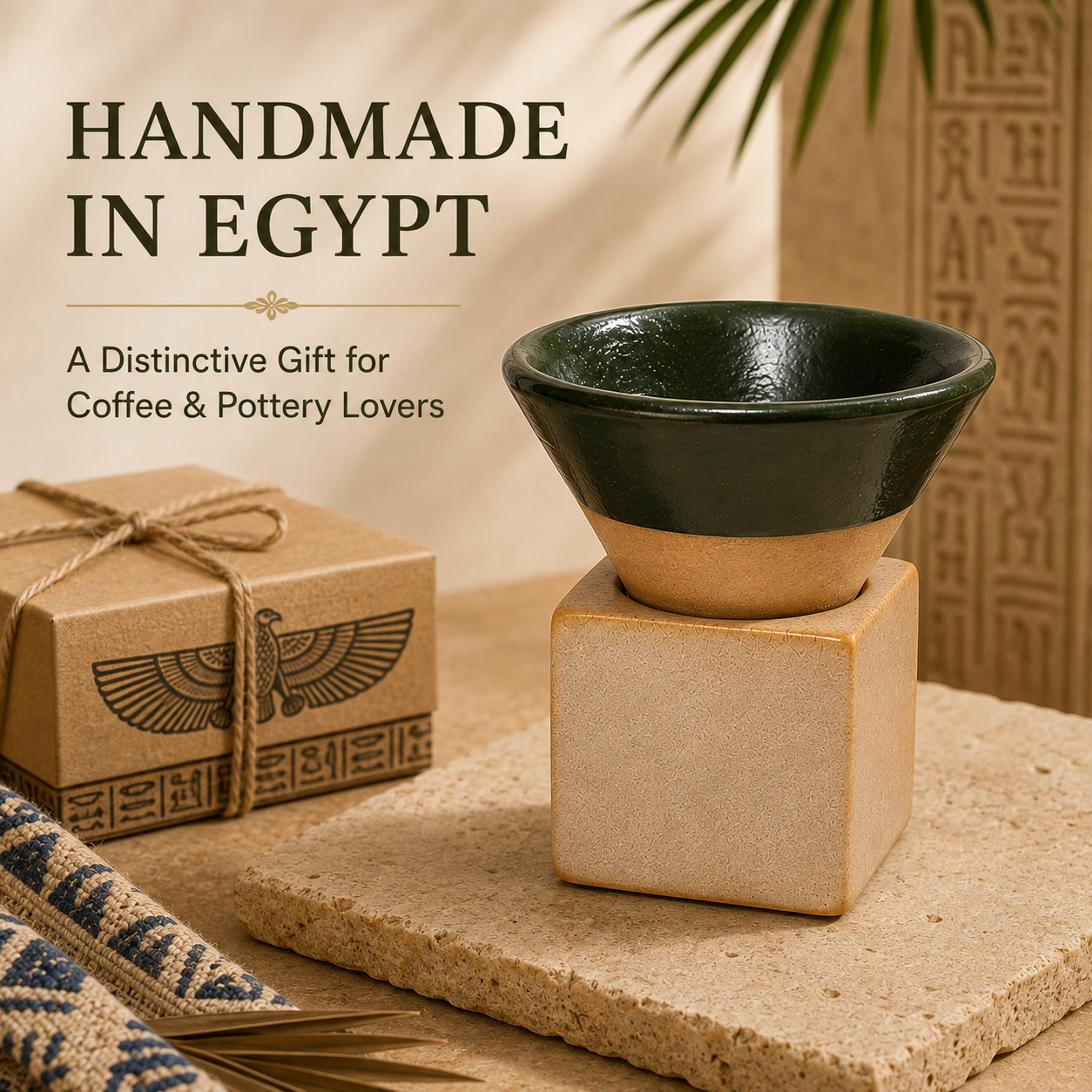A handmade ceramic coffee cup & holder set featuring a dark green and beige cone-shaped dripper resting on a matching beige cube, displayed next to a brown kraft gift box with Egyptian-themed graphics. The background includes warm, textured Egyptian patterns and a hint of a palm leaf.