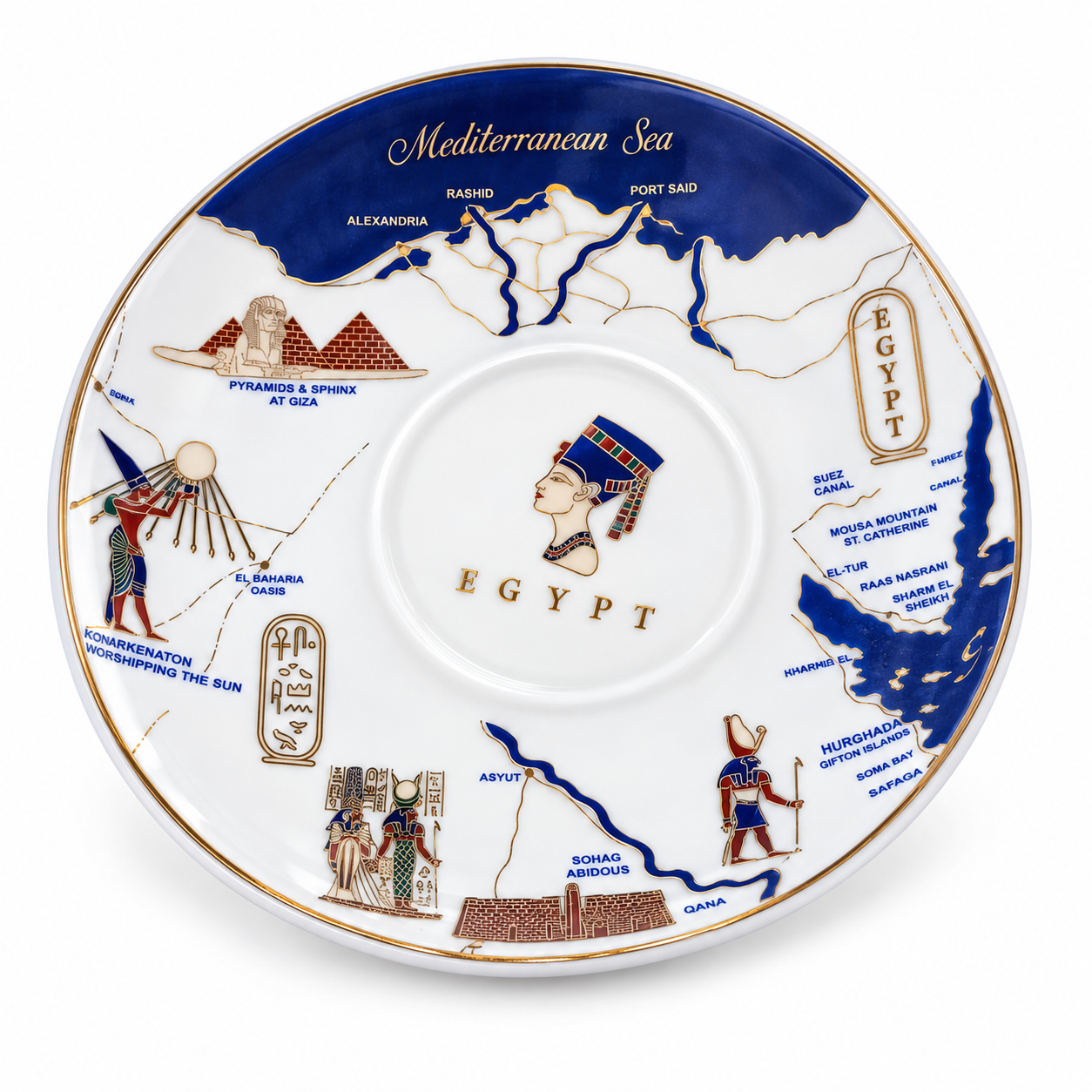 A round white ceramic plate featuring a detailed blue and gold map of ancient Egypt and the Mediterranean Sea, with illustrations of pharaohs, pyramids, and landmarks, and the word 'EGYPT' printed in the center.