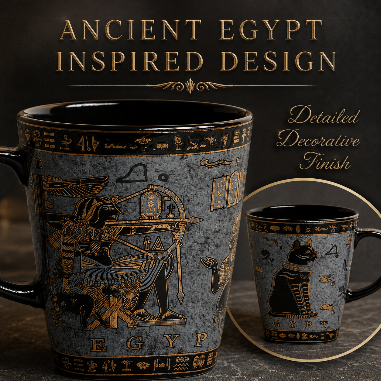 An ancient Egypt-inspired ceramic mug with a dark gray body and gold hieroglyphic designs, shown alongside a smaller inset view of the mug with a cat motif. The background is dark gray with gold text reading 'ANCIENT EGYPT INSPIRED DESIGN' and 'Detailed Decorative Finish'.