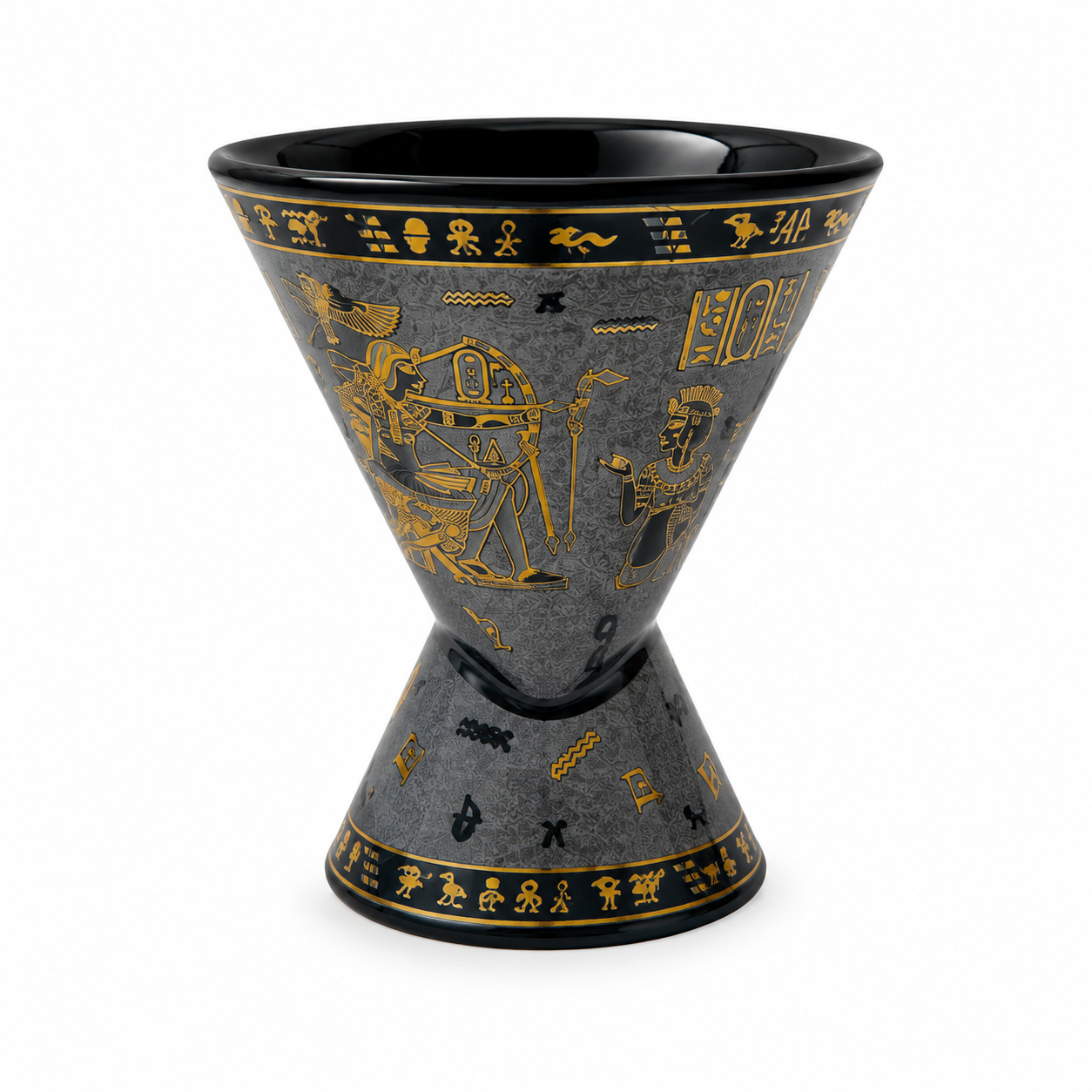 A black and gray conical cup with gold Egyptian-style hieroglyphic patterns and illustrations, shown on a white background.