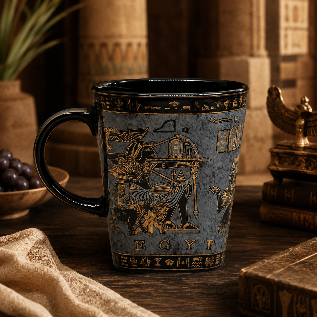 An Egyptian-themed ceramic mug with a textured slate blue-gray body and gold-colored hieroglyphic illustrations, set on a wooden table with a dark background of ancient stone columns and props.