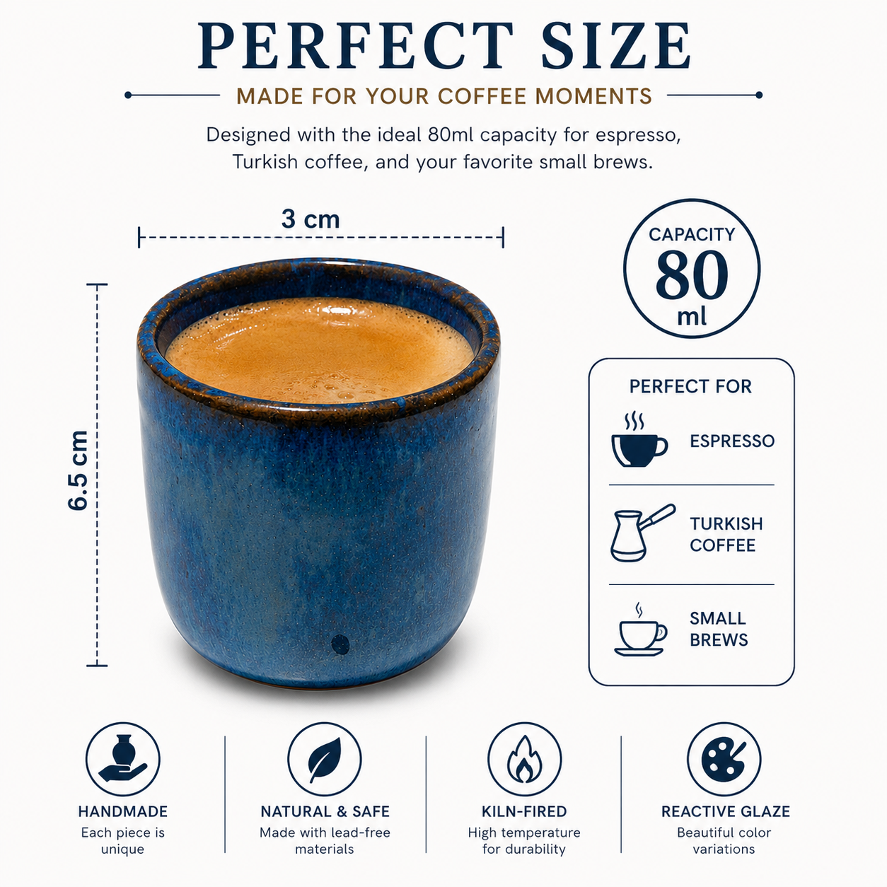 Handmade Pottery Espresso Cup – 80ml Artisan Ceramic Cup - Volcano Blue