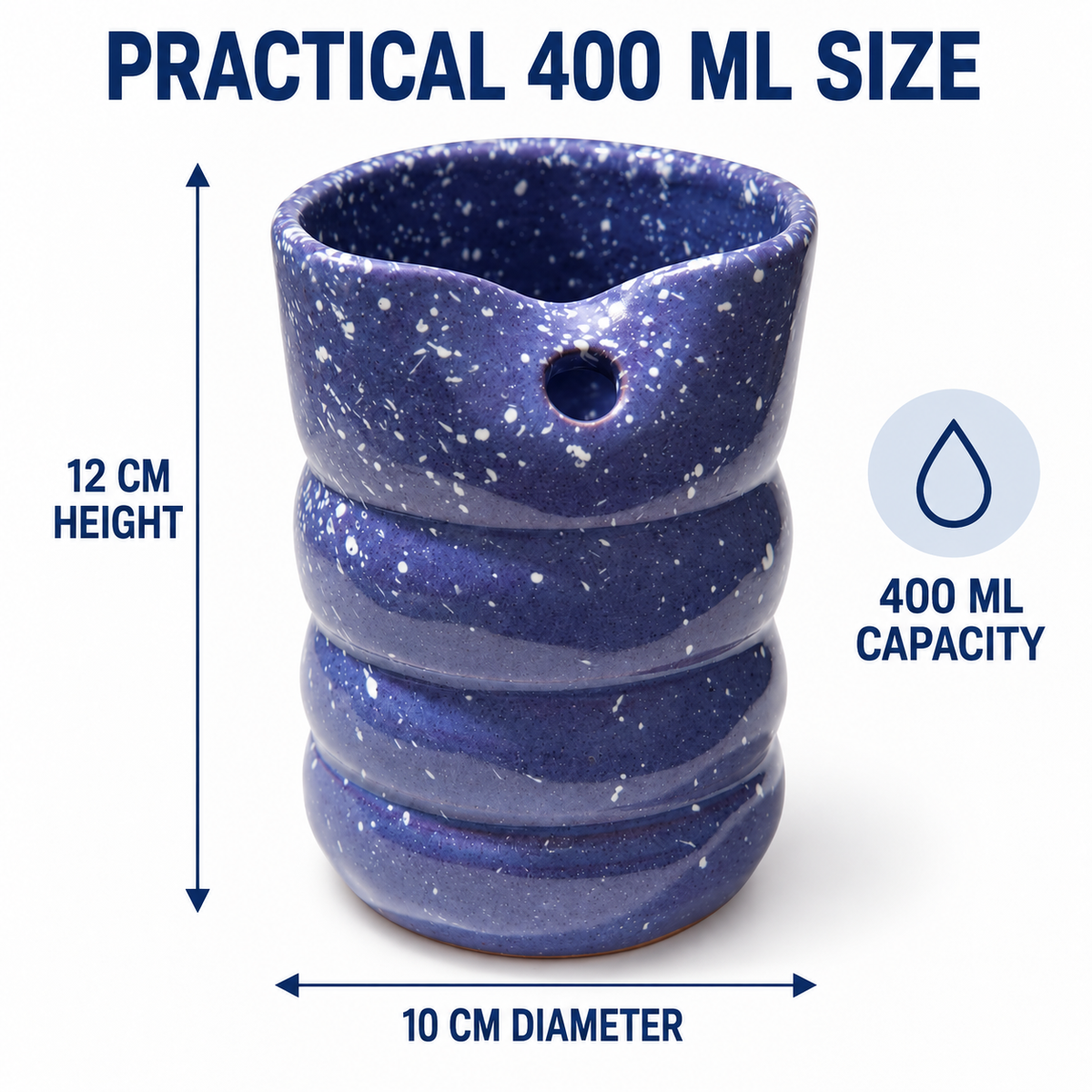 A blue speckled ceramic pitcher with a small pouring hole, shown with measurement arrows and text indicating 12 cm height, 10 cm diameter, and 400 ml capacity on a white background.