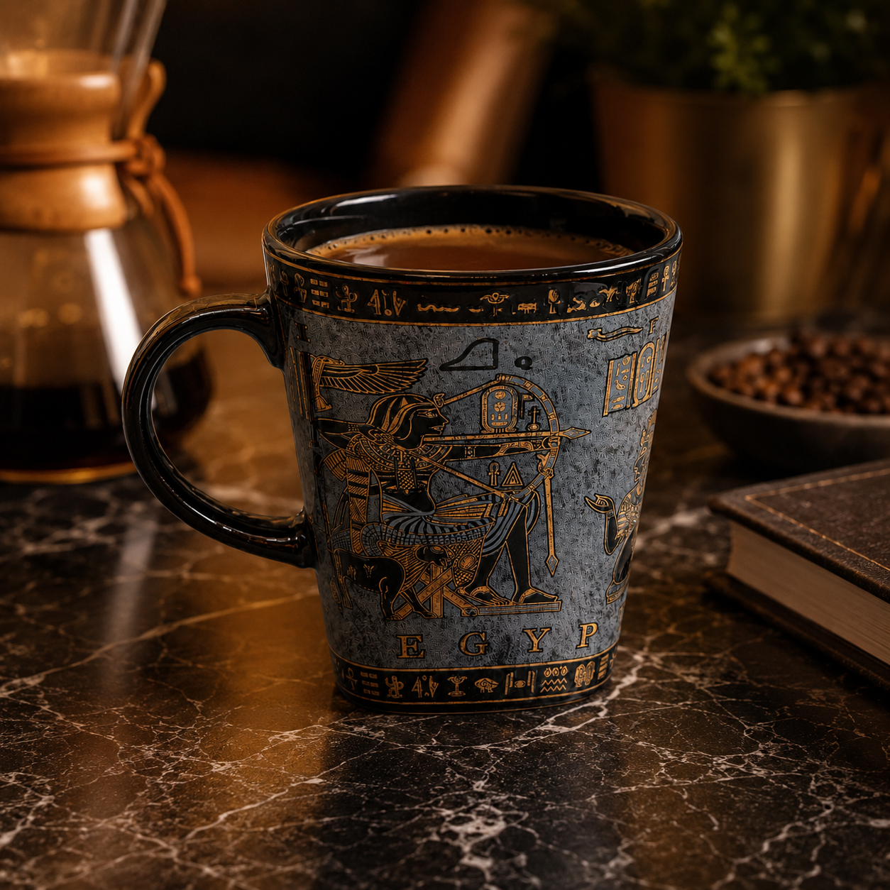 An Egyptian-themed ceramic mug filled with coffee, set on a dark marble countertop with coffee beans, a coffee maker, and a book in the background.
