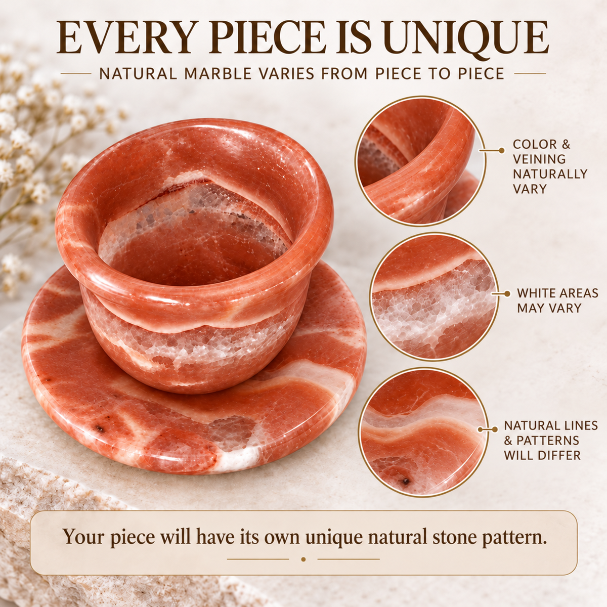 Natural Egyptian Marble Coffee Cup & Saucer – 80 ml – Coral Red & White