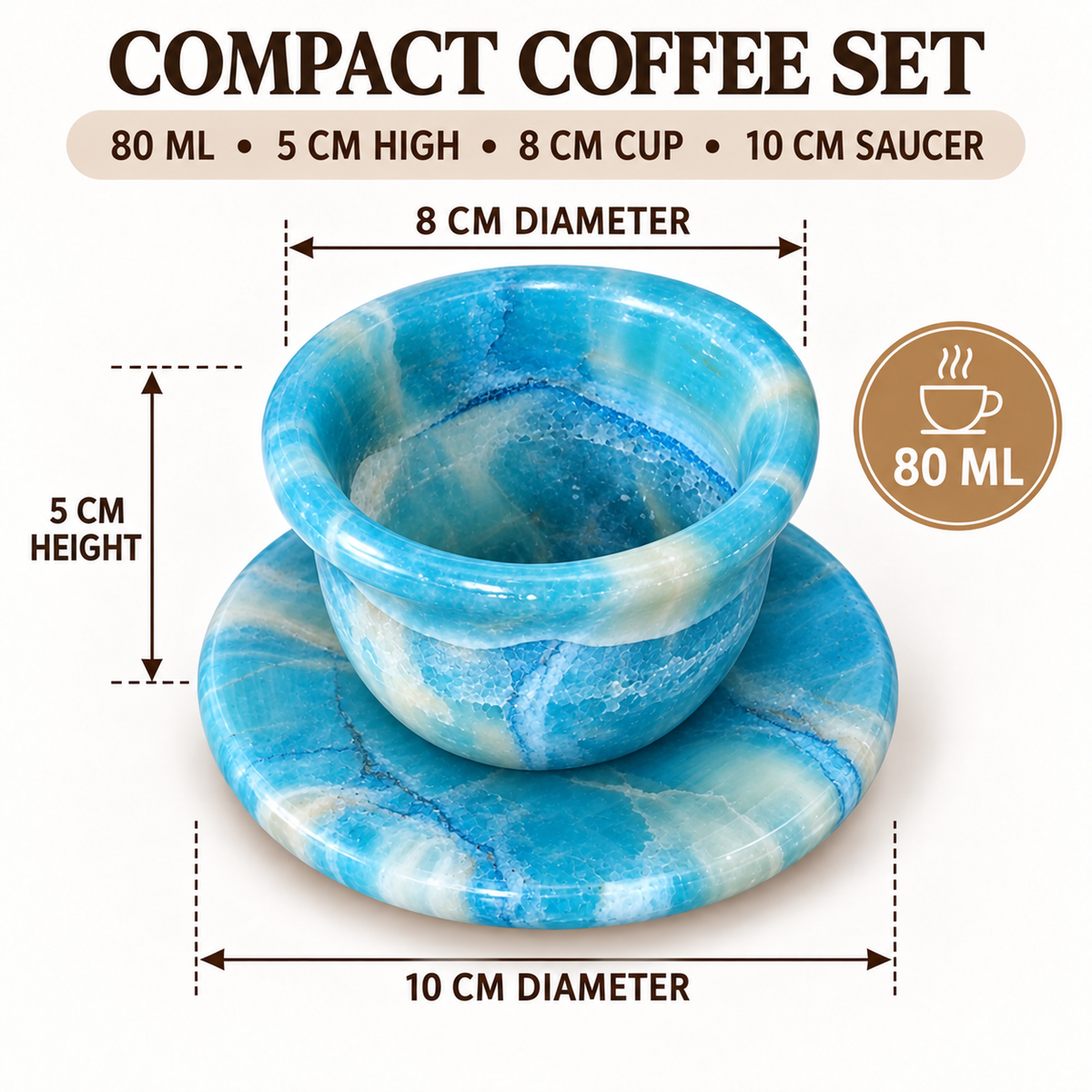 Blue and white marbled compact coffee set with a small cup and saucer, shown with dimension labels and text reading 'COMPACT COFFEE SET' and capacity details on a light background.