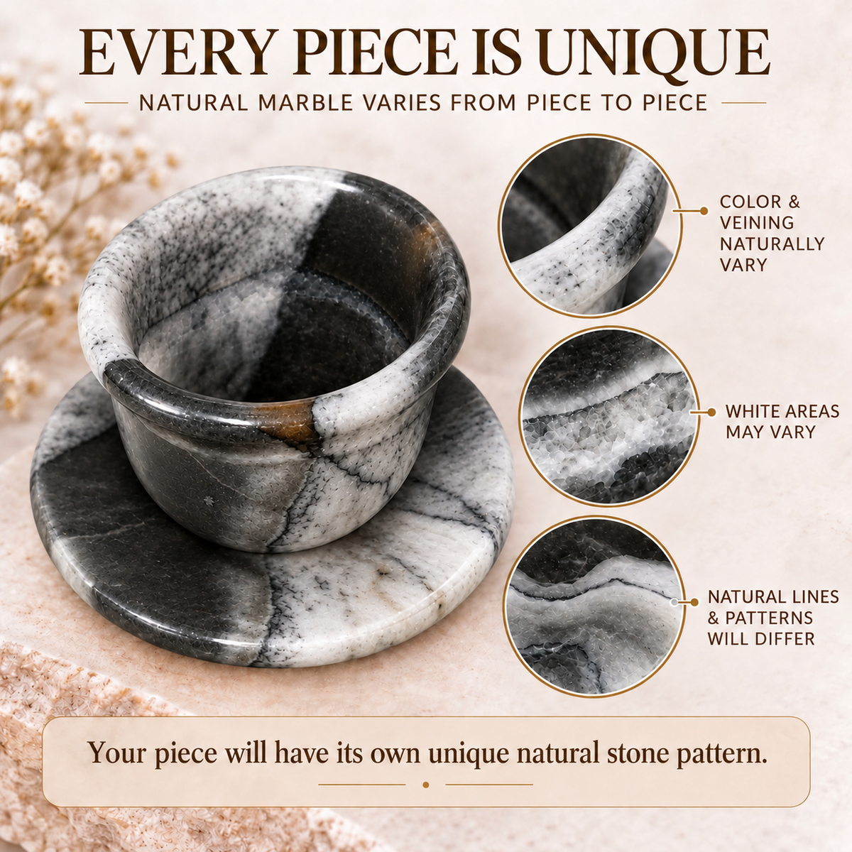 A polished natural marble cup and saucer set displayed on a textured stone surface, with marketing text and three circular detail callouts explaining the natural variation in color and veining. The text reads 'EVERY PIECE IS UNIQUE' and 'Natural marble varies from piece to piece.