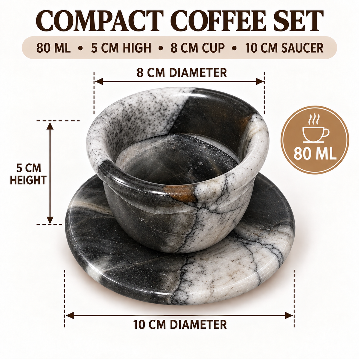 A compact coffee set made of black and white marbled stone, including a small cup and saucer, shown with overlaid dimension labels and text reading 'COMPACT COFFEE SET' and capacity details on a light beige background.