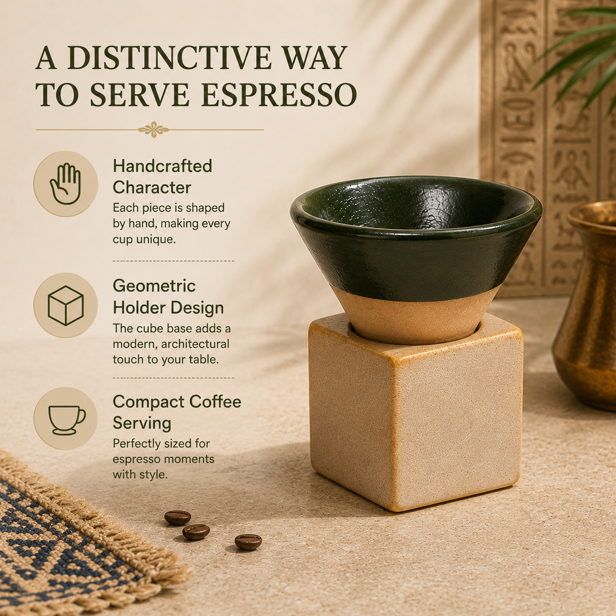 A ceramic espresso cup & holder set styled on a beige tabletop with coffee beans and a woven textile. The set includes a dark green and beige cone-shaped holder sitting on a square beige base, with marketing text on the left describing the handcrafted character, geometric holder design, and compact coffee serving.