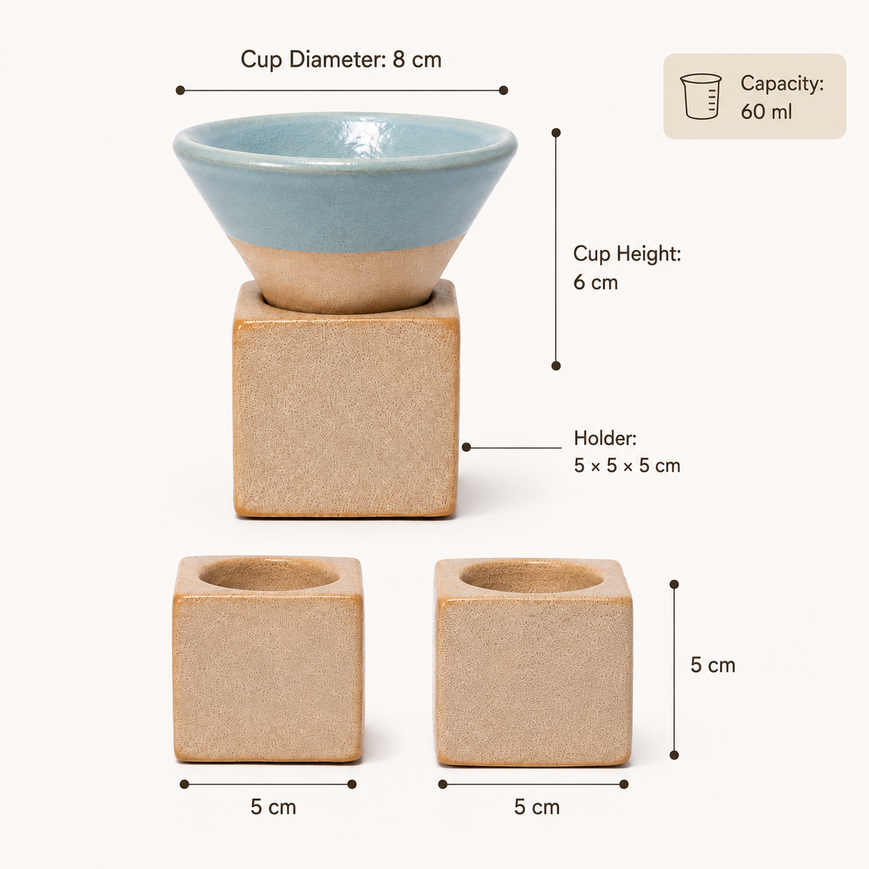 Ceramic cup set with a light blue glazed conical cup, a tan textured square holder, and two matching empty cups, shown with dimension labels and a capacity note on a light beige background.