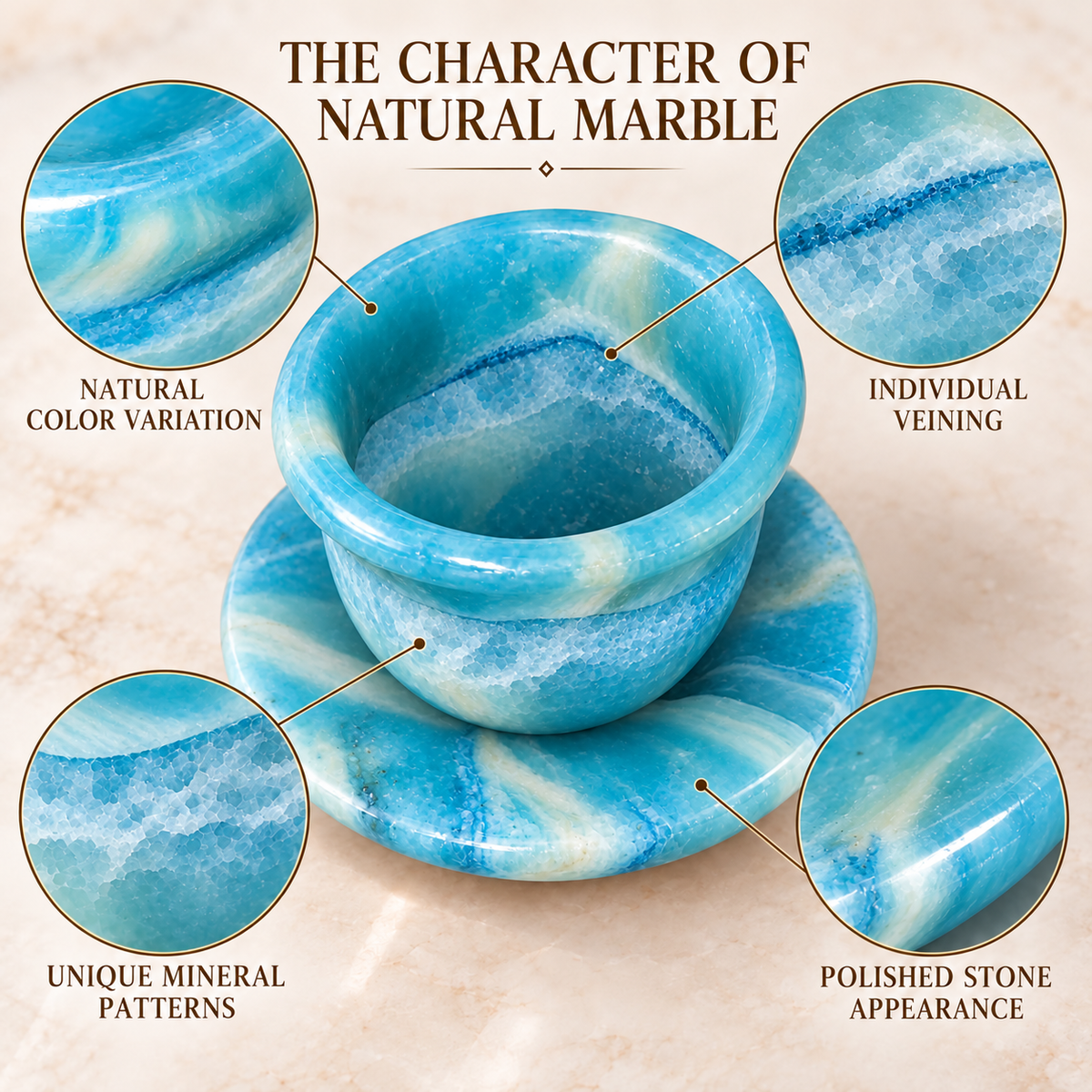 A polished blue-and-white marble bowl and matching saucer on a light stone surface, with four circular callouts and the heading 'THE CHARACTER OF NATURAL MARBLE' explaining natural color variation, individual veining, unique mineral patterns, and polished stone appearance.