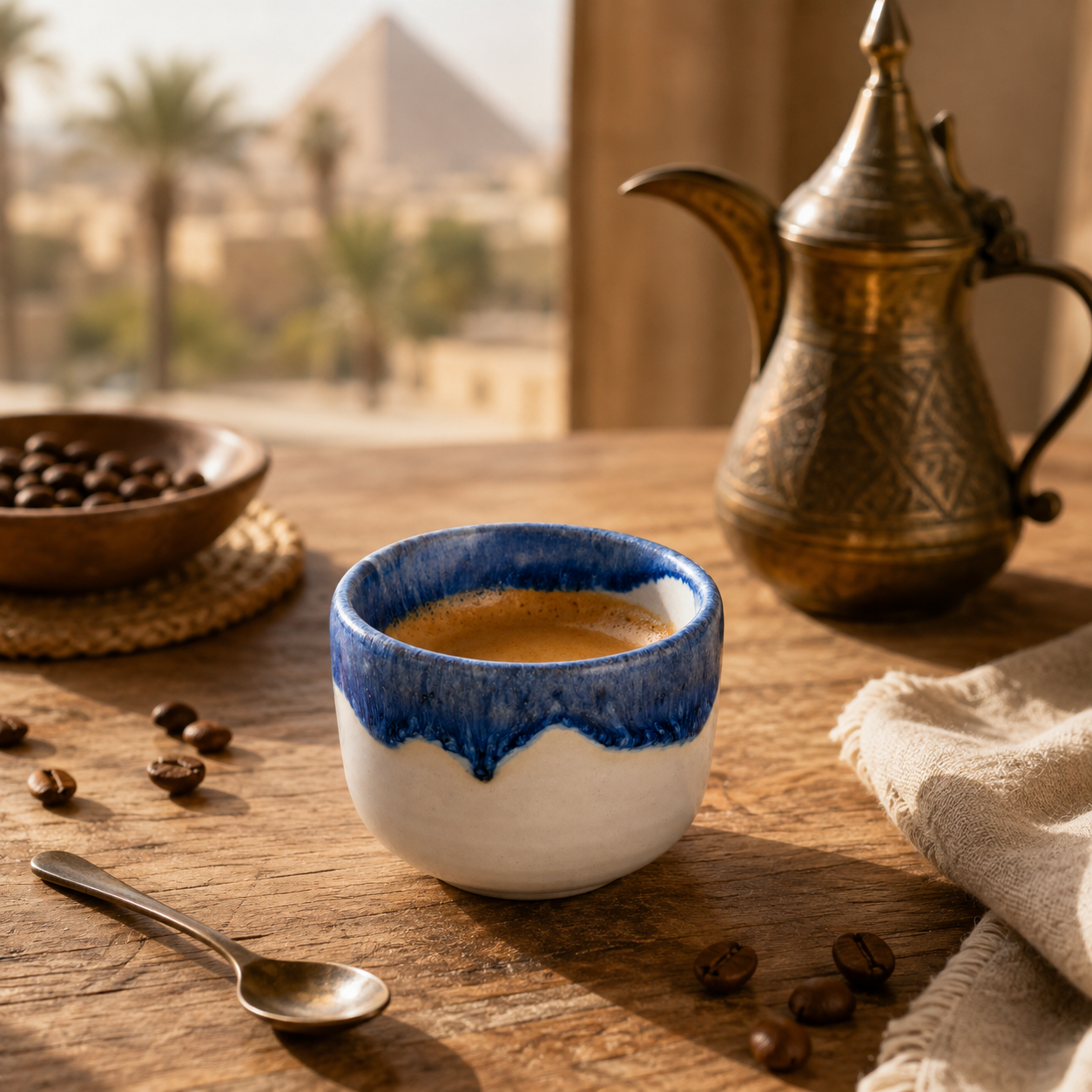 A ceramic espresso cup with a blue and white glaze sits on a wooden table, filled with espresso, alongside a brass Arabic coffee pot, scattered coffee beans, a spoon, and a napkin. A blurred background shows a desert landscape with pyramids.