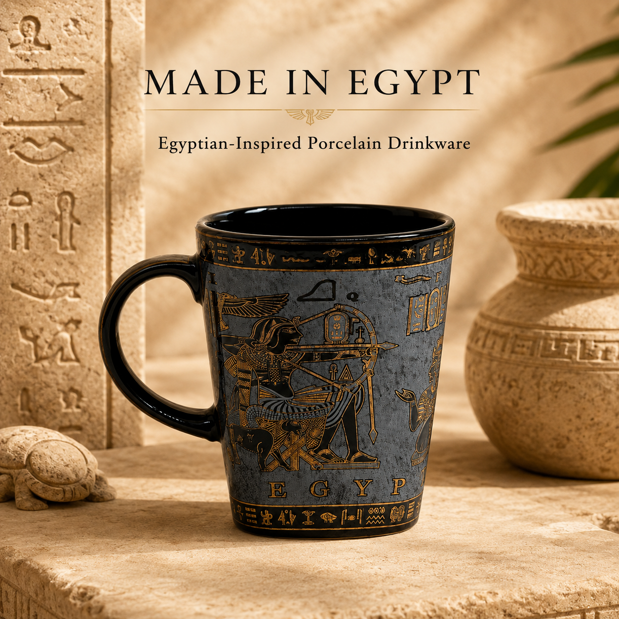 A ceramic mug with an Egyptian-inspired design, featuring a dark blue-gray body with gold hieroglyphic patterns and a black handle, set on a stone surface with a textured background and text overlay reading 'MADE IN EGYPT'.