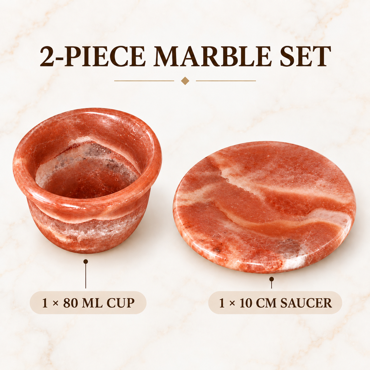Natural Egyptian Marble Coffee Cup & Saucer – 80 ml – Coral Red & White