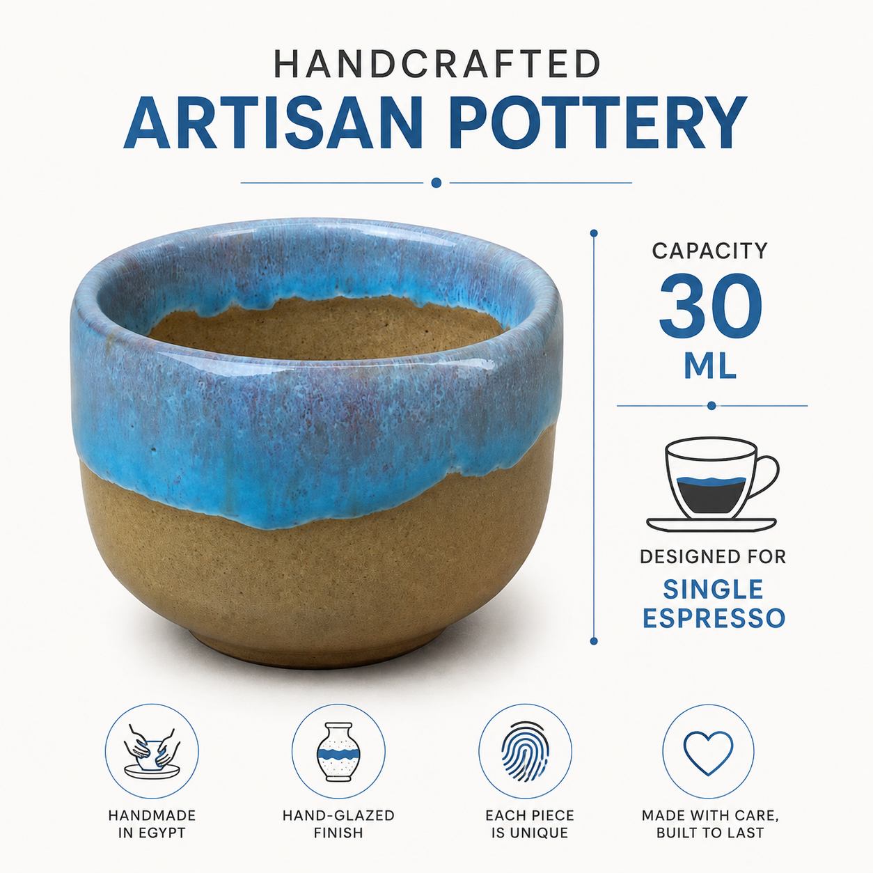 A handmade ceramic espresso cup with a blue glazed top half and a natural brown clay bottom half, presented on a white background with text highlighting its 30 ml capacity and artisan pottery qualities.