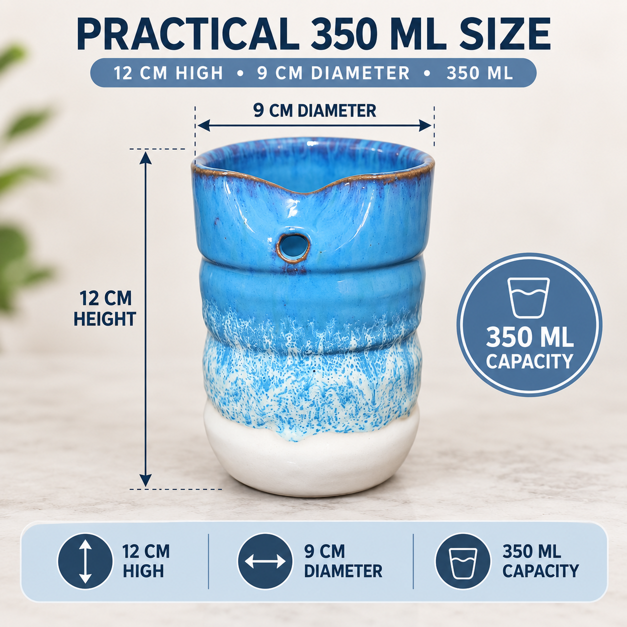 A glazed ceramic planter with a blue and white gradient finish, shown with dimension lines indicating 12 cm height and 9 cm diameter, alongside text stating 'PRACTICAL 350 ML SIZE' and '350 ML CAPACITY'.