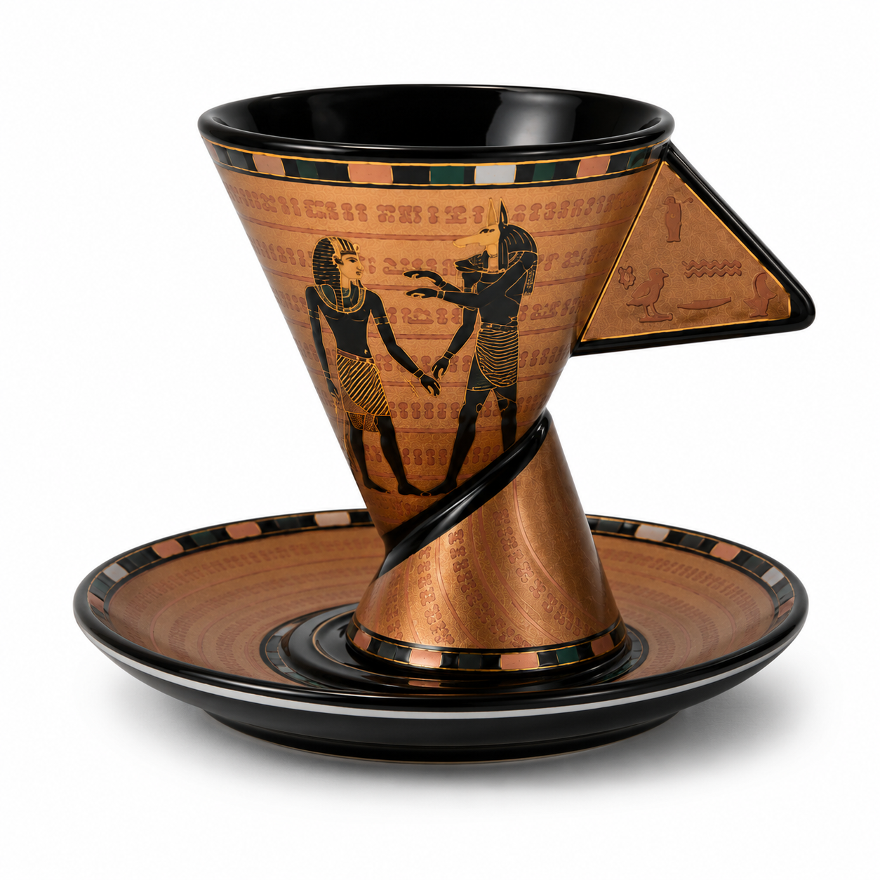 An Egyptian-themed ceramic coffee dripper and matching saucer set, featuring a copper-toned glaze with black hieroglyphic figures and a black rim, shown on a white background.