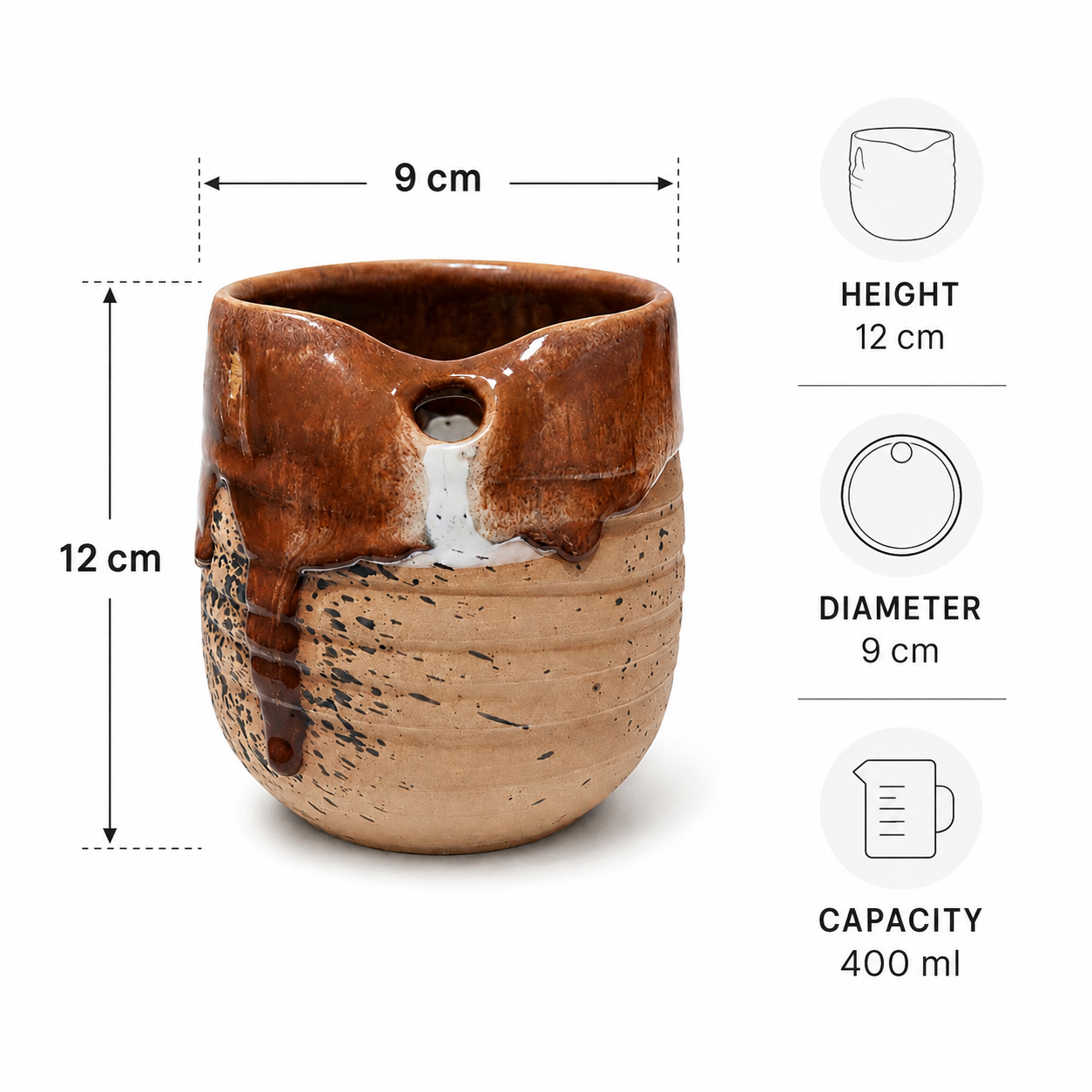 A glazed ceramic planter pot with a dripping brown and beige finish, shown with overlaid dimension lines and text indicating height 12 cm, diameter 9 cm, and capacity 400 ml.