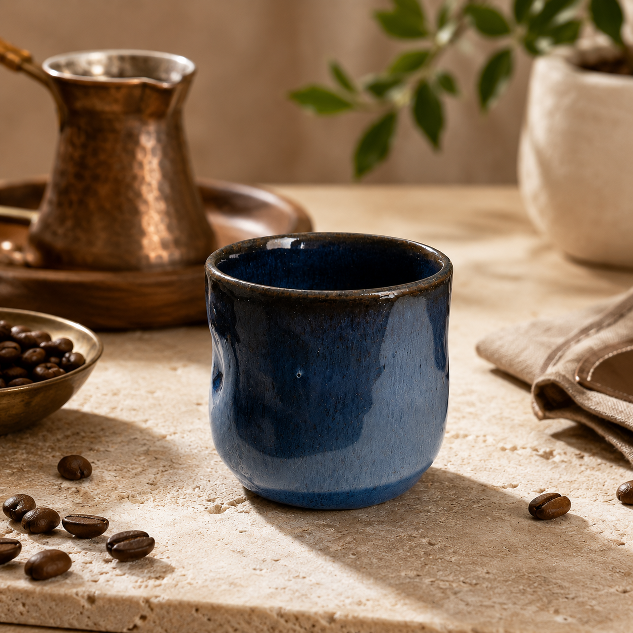 A small blue glazed ceramic cup with a rustic, wavy rim sits on a textured stone surface surrounded by coffee beans, a copper coffee pot, and a beige cloth.