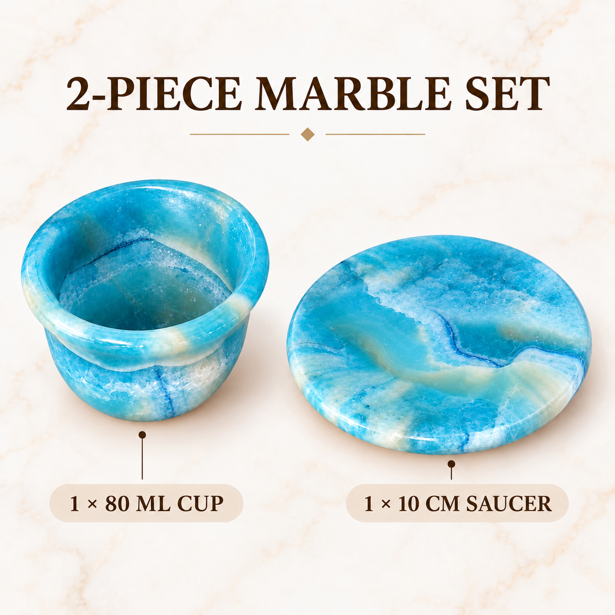 A 2-piece marble set featuring a small cup and a saucer, both with a swirling blue, green, and white marbled pattern. The image is set against a light beige marble background with text labels indicating the sizes: 1 x 80 ml cup and 1 x 10 cm saucer.