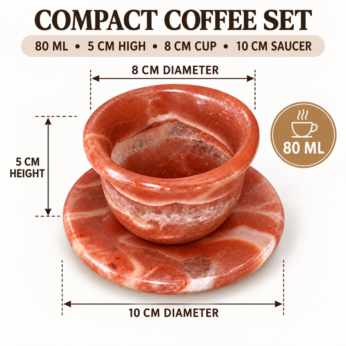 Natural Egyptian Marble Coffee Cup & Saucer – 80 ml – Coral Red & White