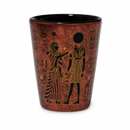 A tapered shot glass featuring an ancient Egyptian design with black figures and hieroglyphs on a textured reddish-brown speckled background, set against a plain white studio background.